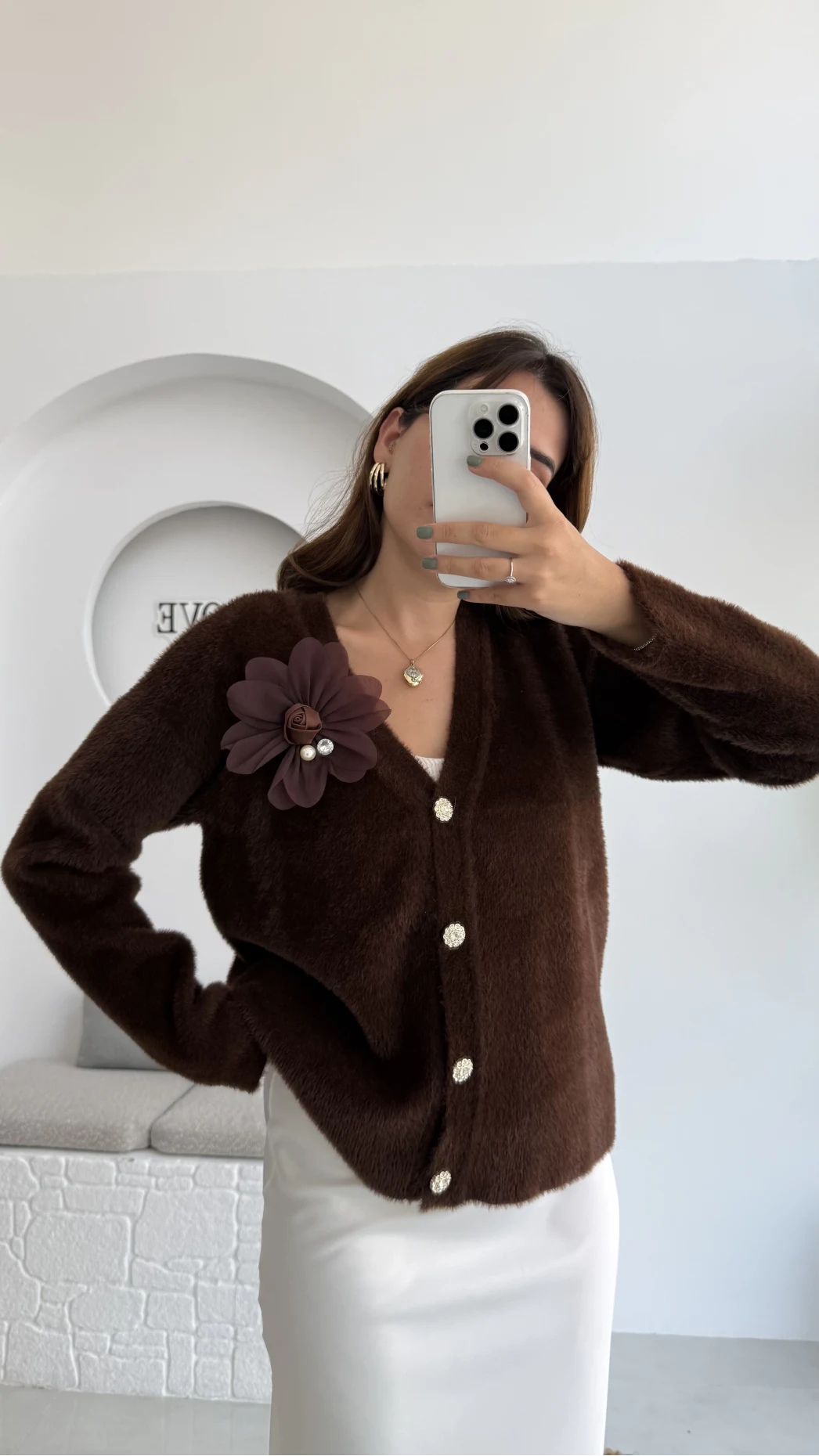 Mandy Çiçek Detay Hırka - Kahverengi - Kod: 25301