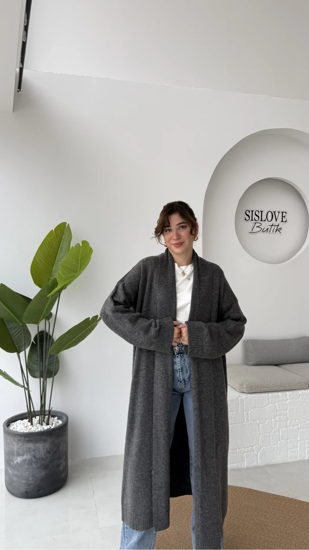 Manon Uzun Triko Hırka - Antrasit - Kod: 25504