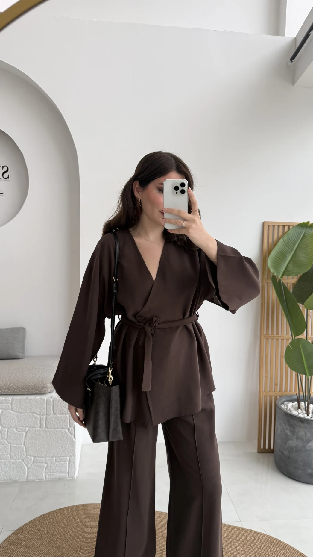 Marcelene Düğmeli V Yaka Kuşaklı Takım - Acı Kahve - Kod: 8892