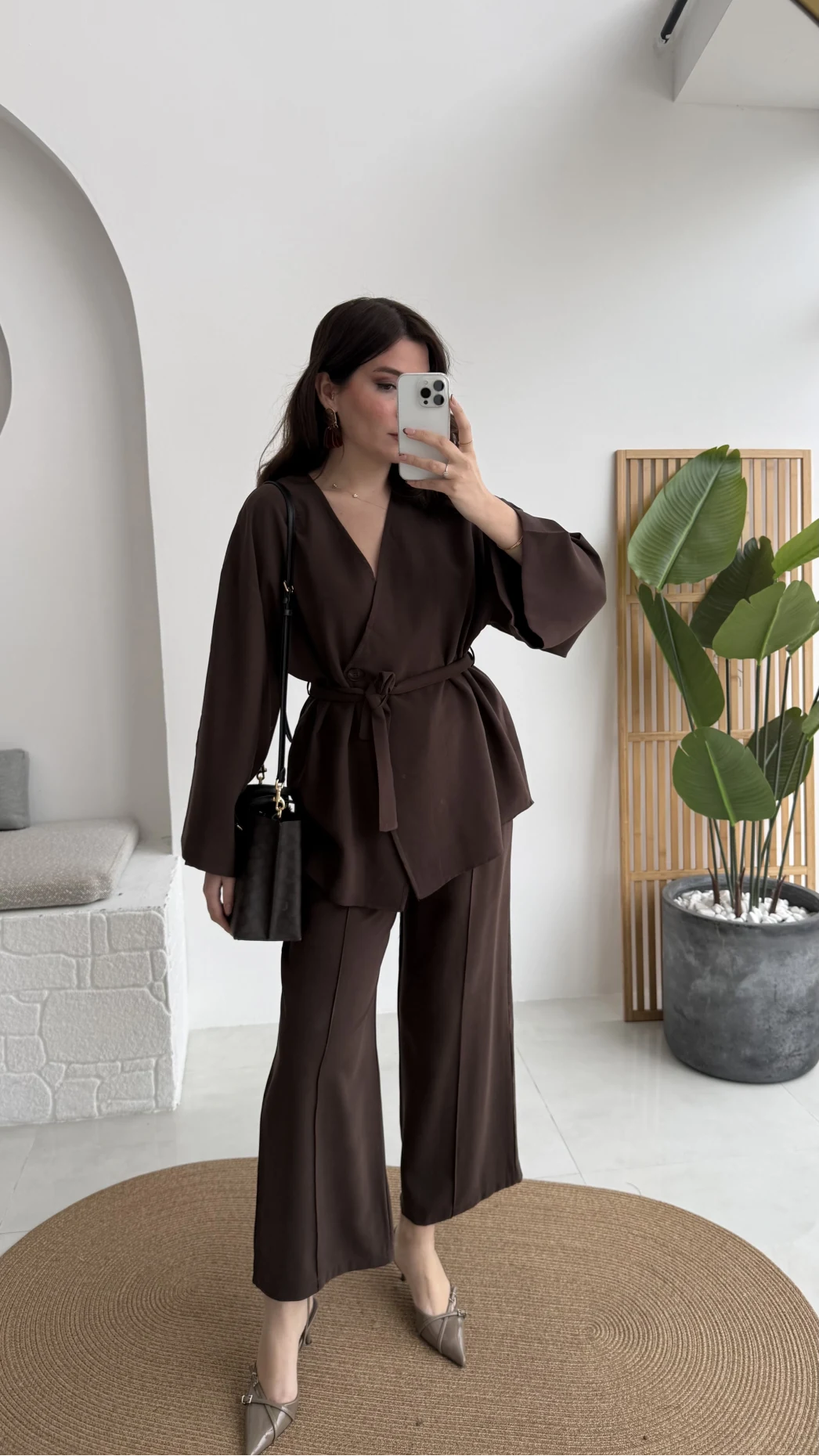 Marcelene Düğmeli V Yaka Kuşaklı Takım - Acı Kahve - Kod: 8892