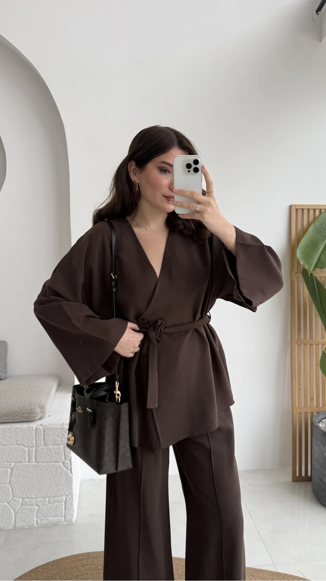 Marcelene Düğmeli V Yaka Kuşaklı Takım - Acı Kahve - Kod: 8892