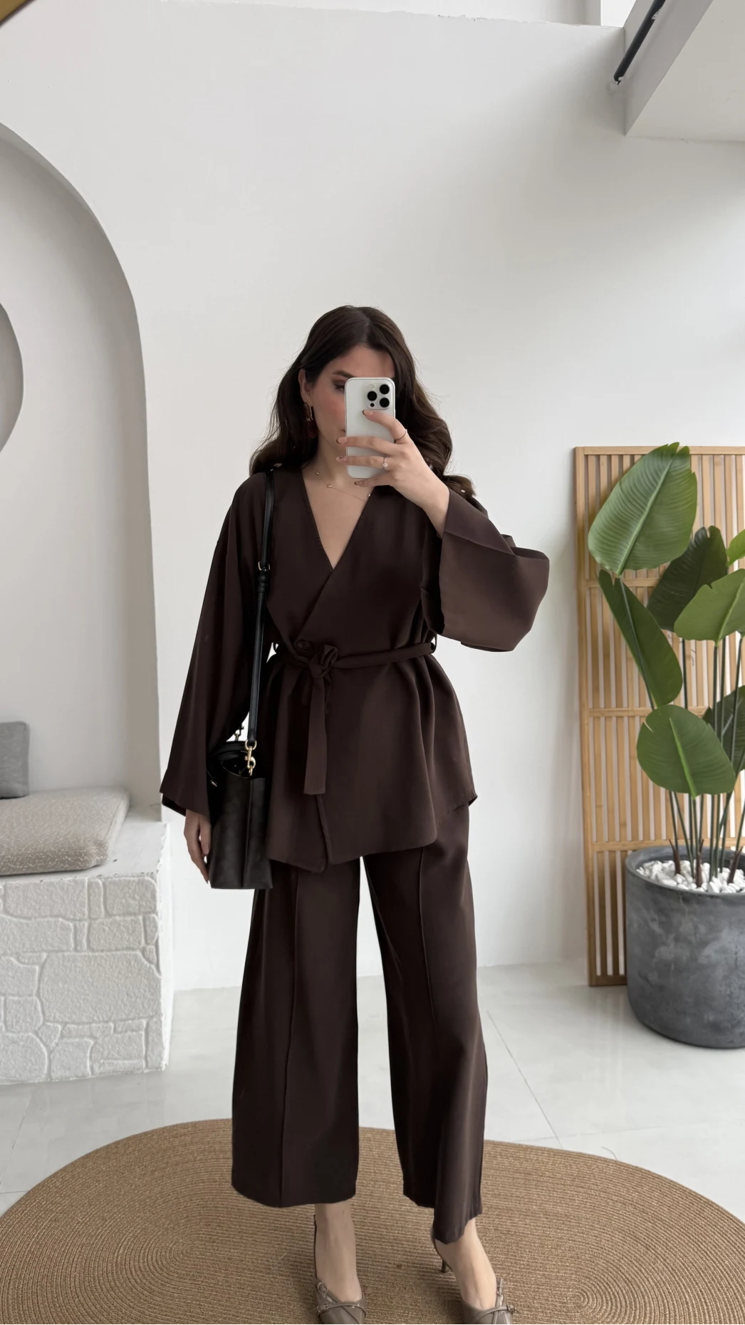 Marcelene Düğmeli V Yaka Kuşaklı Takım - Acı Kahve - Kod: 8892