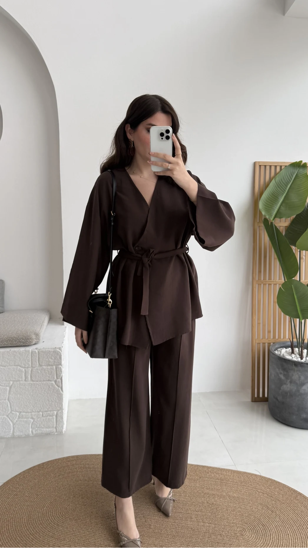 Marcelene Düğmeli V Yaka Kuşaklı Takım - Acı Kahve - Kod: 8892