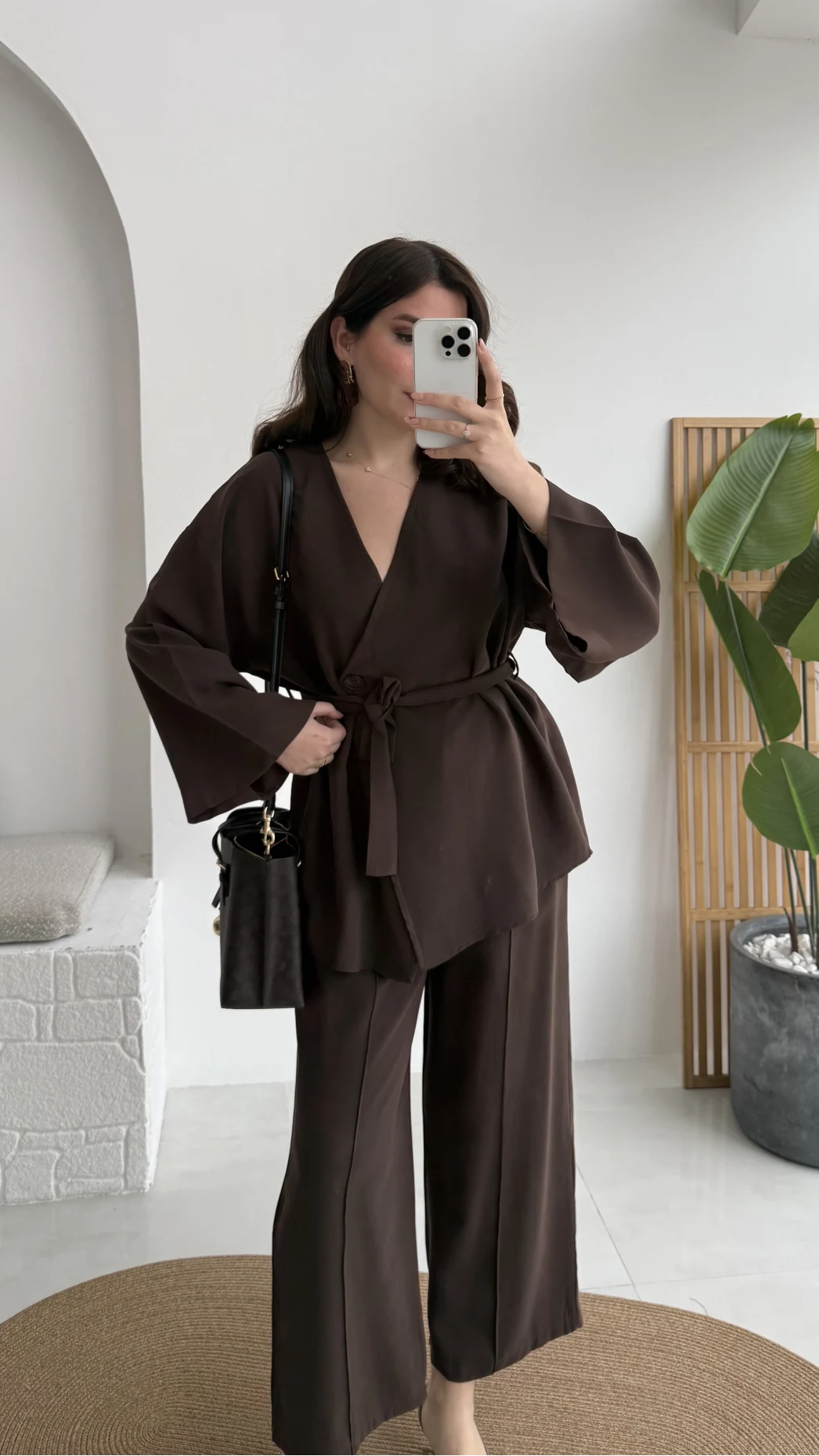 Marcelene Düğmeli V Yaka Kuşaklı Takım - Acı Kahve - Kod: 8892