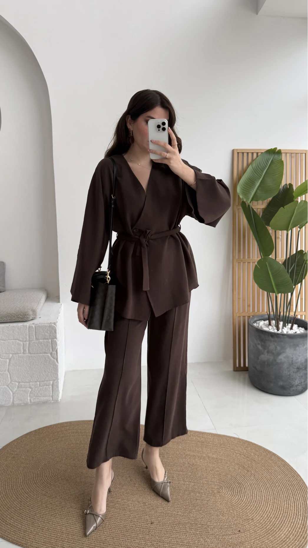 Marcelene Düğmeli V Yaka Kuşaklı Takım - Acı Kahve - Kod: 8892