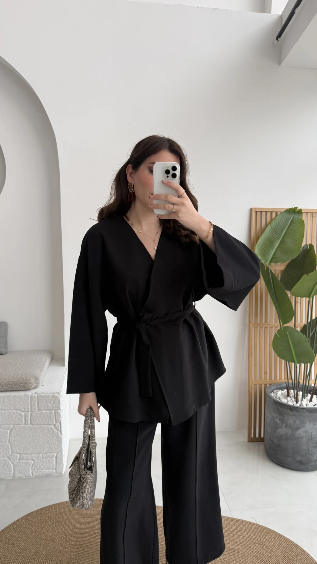 Marcelene Düğmeli V Yaka Kuşaklı Takım - Siyah - Kod: 8892