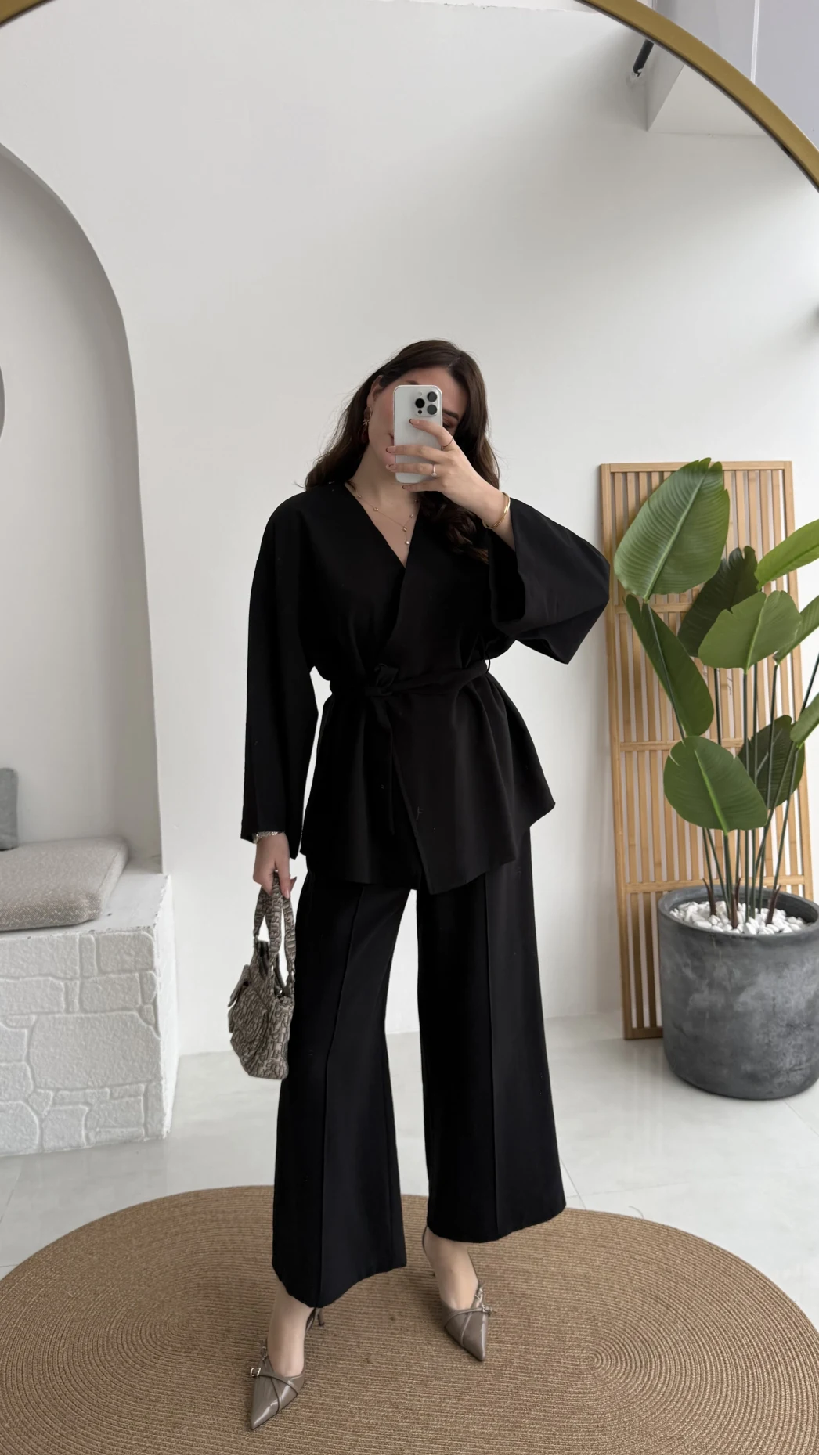 Marcelene Düğmeli V Yaka Kuşaklı Takım - Siyah - Kod: 8892