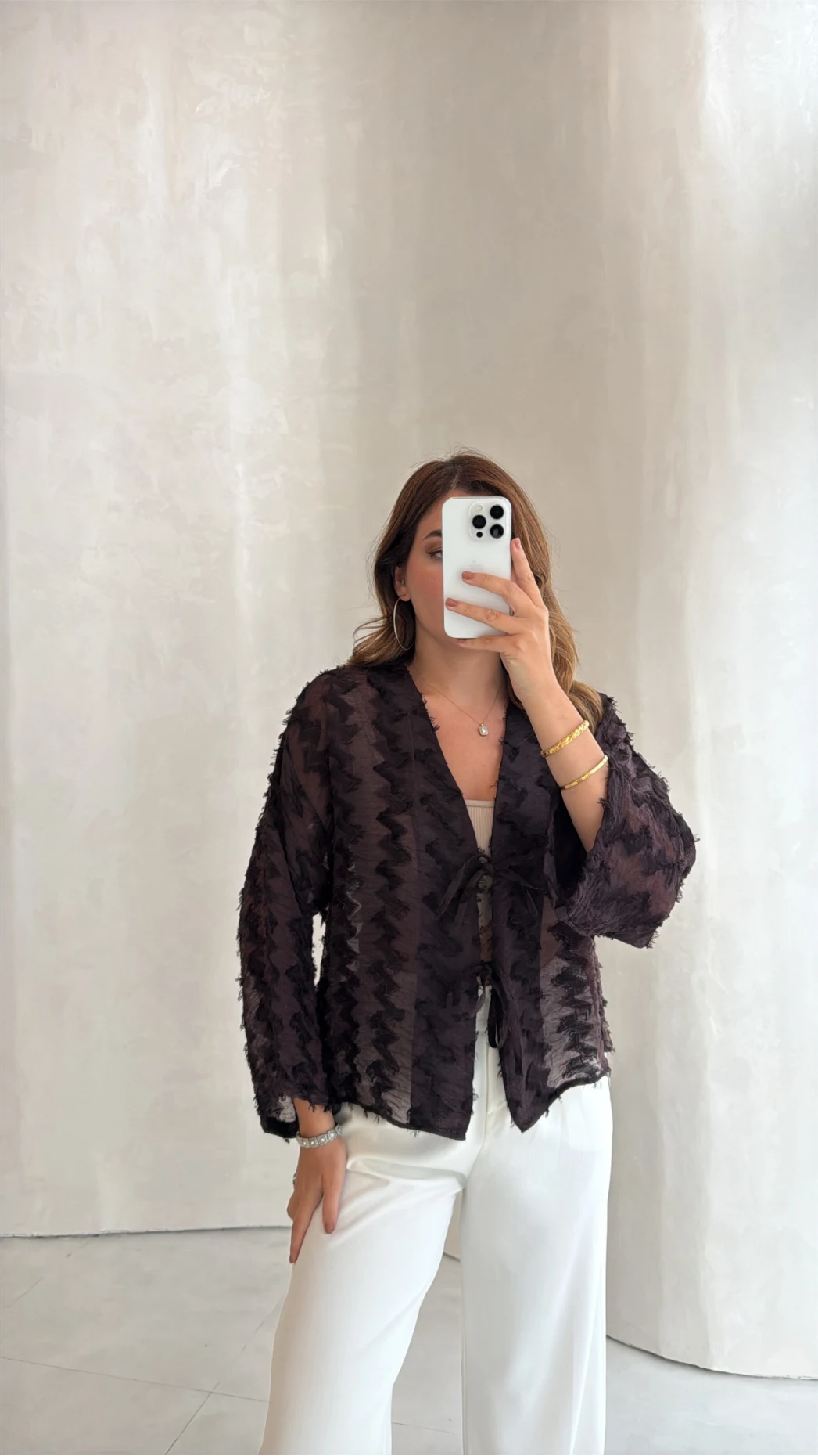 Maria Püskül Şeritli Kimono - Acı Kahve - Kod: 7049