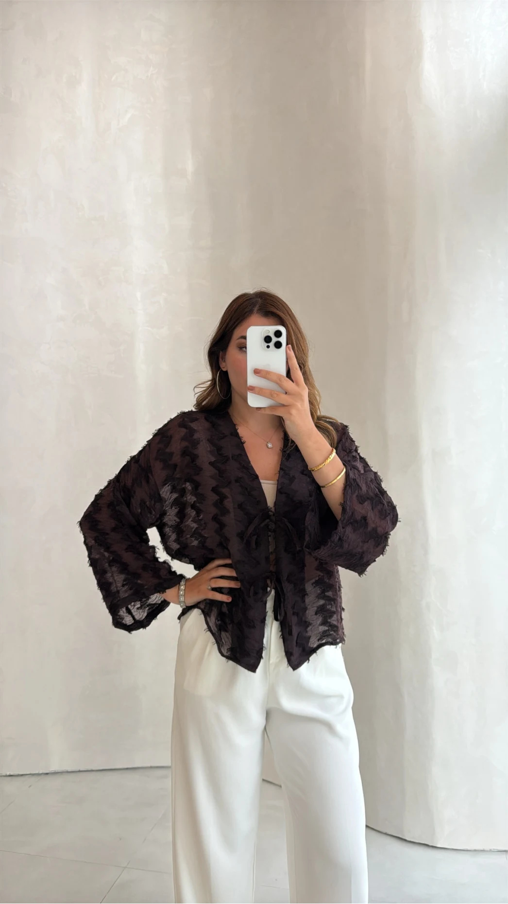Maria Püskül Şeritli Kimono - Acı Kahve - Kod: 7049