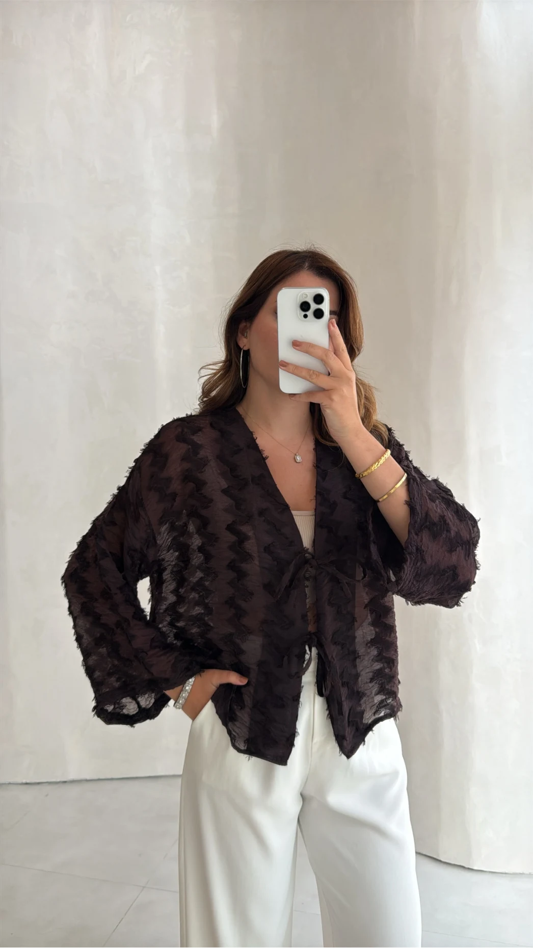 Maria Püskül Şeritli Kimono - Acı Kahve - Kod: 7049