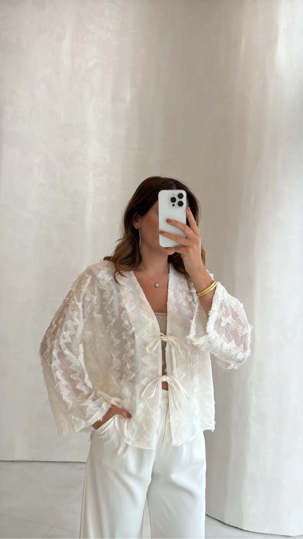 Maria Püskül Şeritli Kimono - Ekru - Kod: 7049