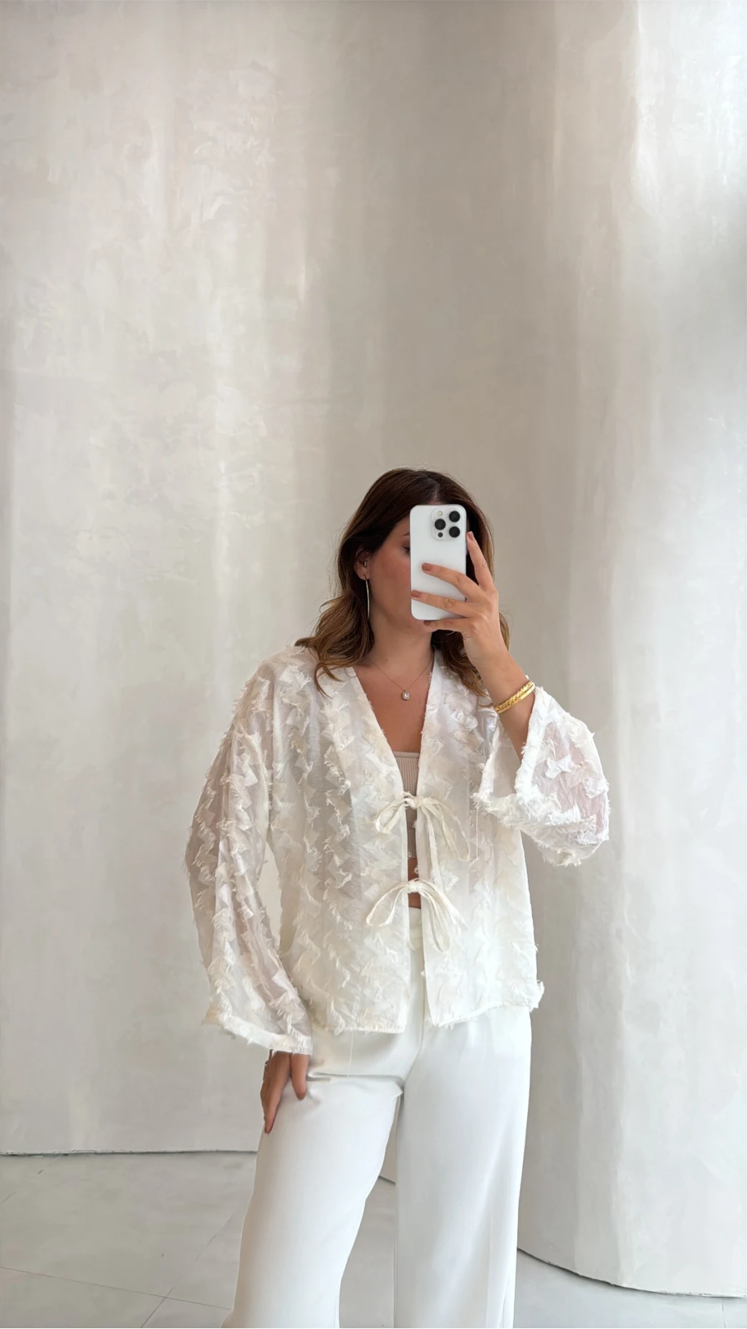 Maria Püskül Şeritli Kimono - Ekru - Kod: 7049