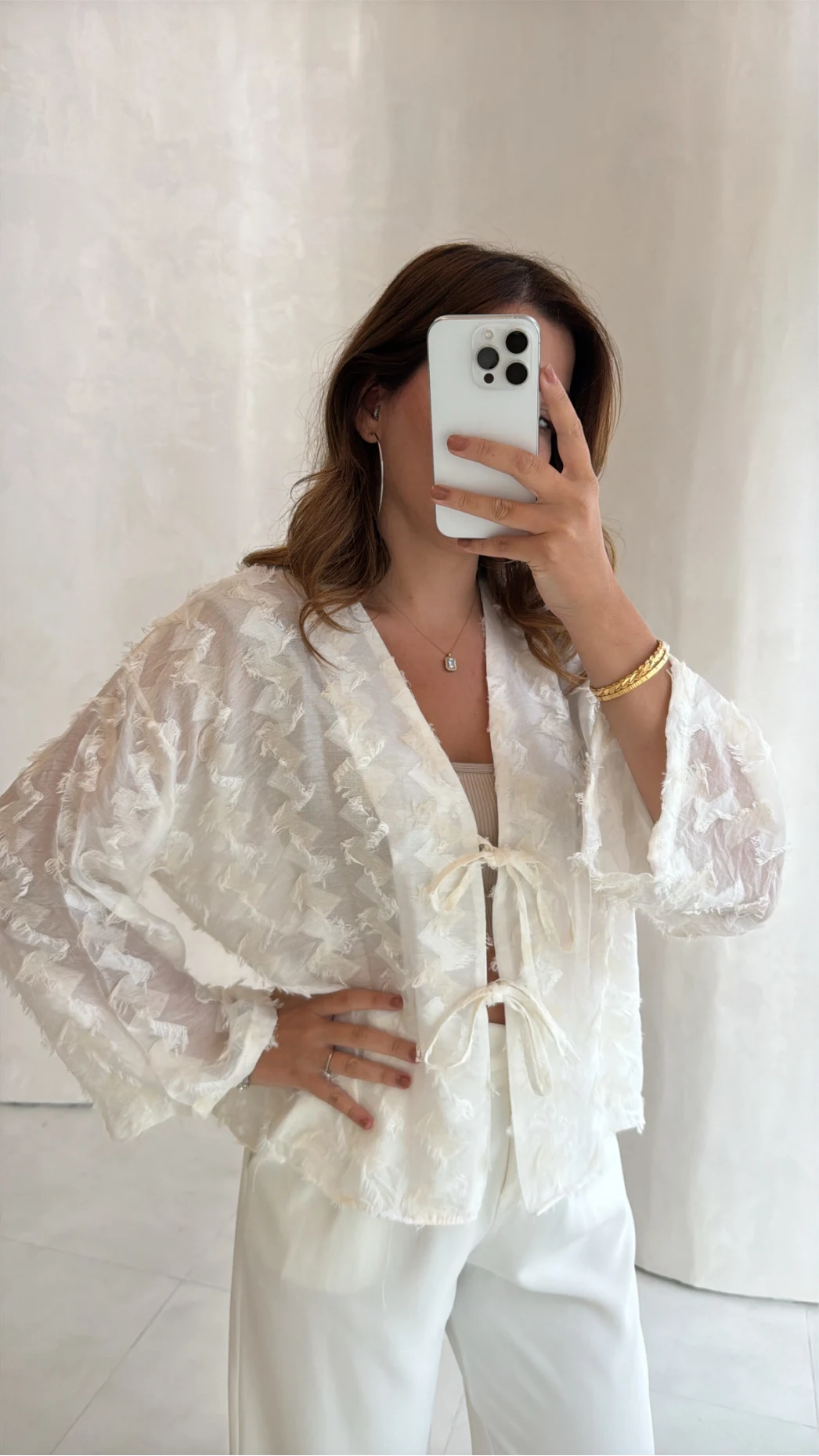 Maria Püskül Şeritli Kimono - Ekru - Kod: 7049