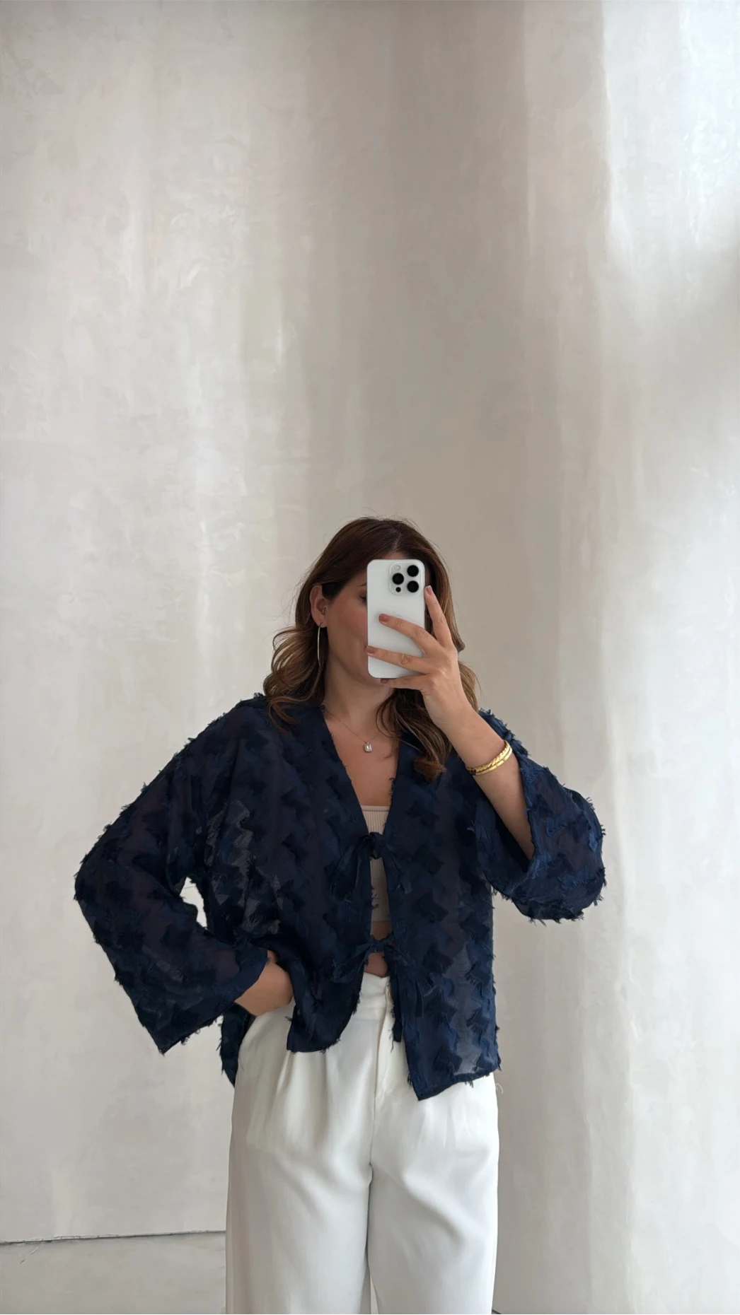 Maria Püskül Şeritli Kimono - Lacivert - Kod: 7049