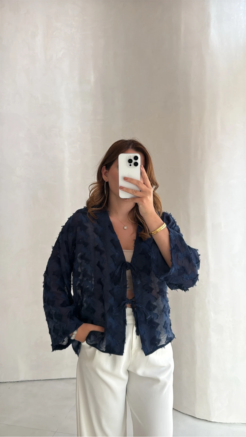 Maria Püskül Şeritli Kimono - Lacivert - Kod: 7049