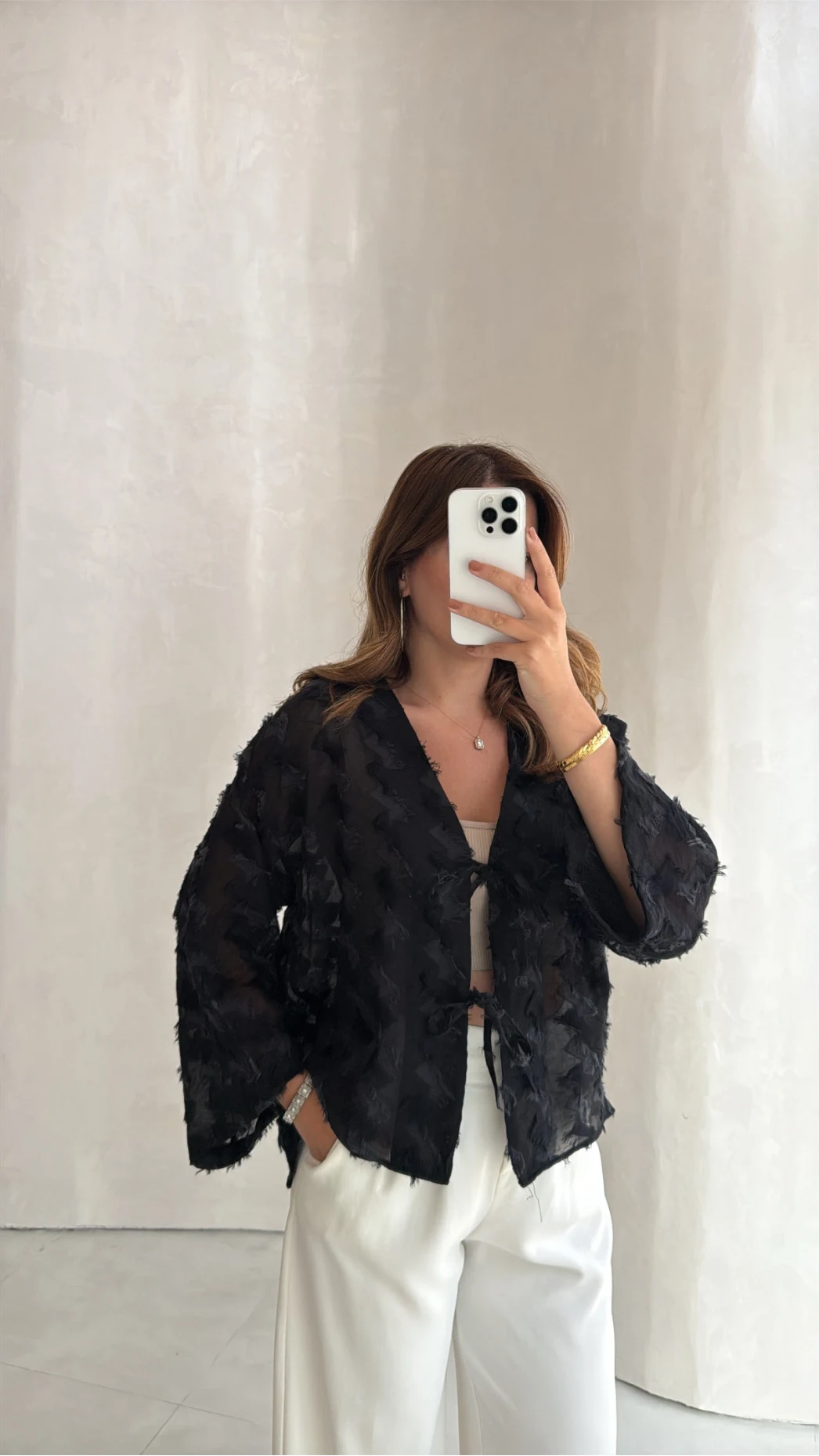 Maria Püskül Şeritli Kimono - Siyah - Kod: 7049