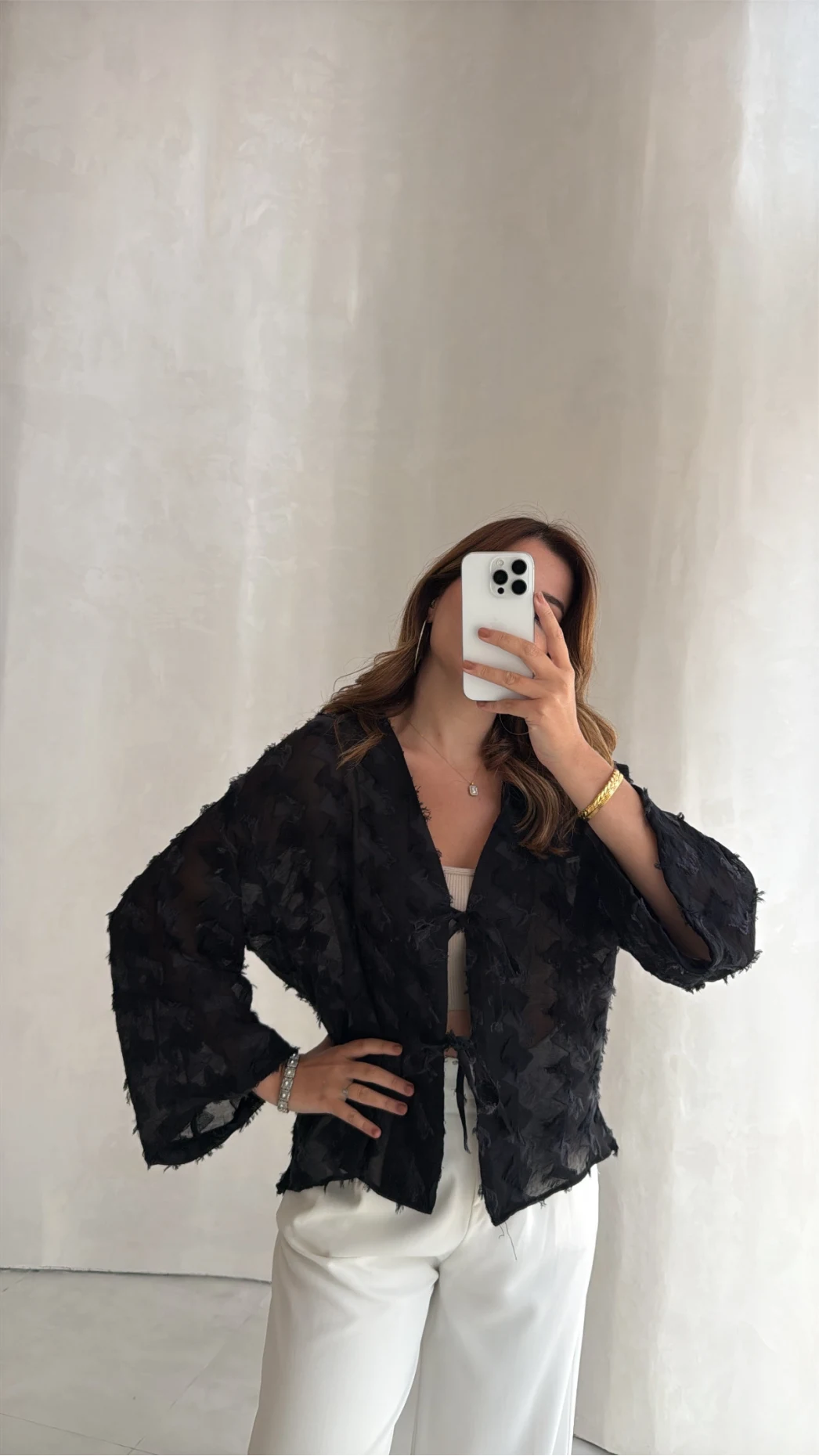 Maria Püskül Şeritli Kimono - Siyah - Kod: 7049