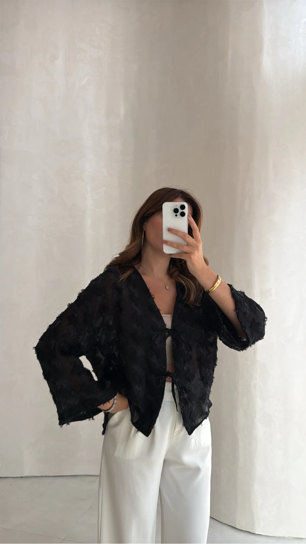 Maria Püskül Şeritli Kimono - Siyah - Kod: 7049