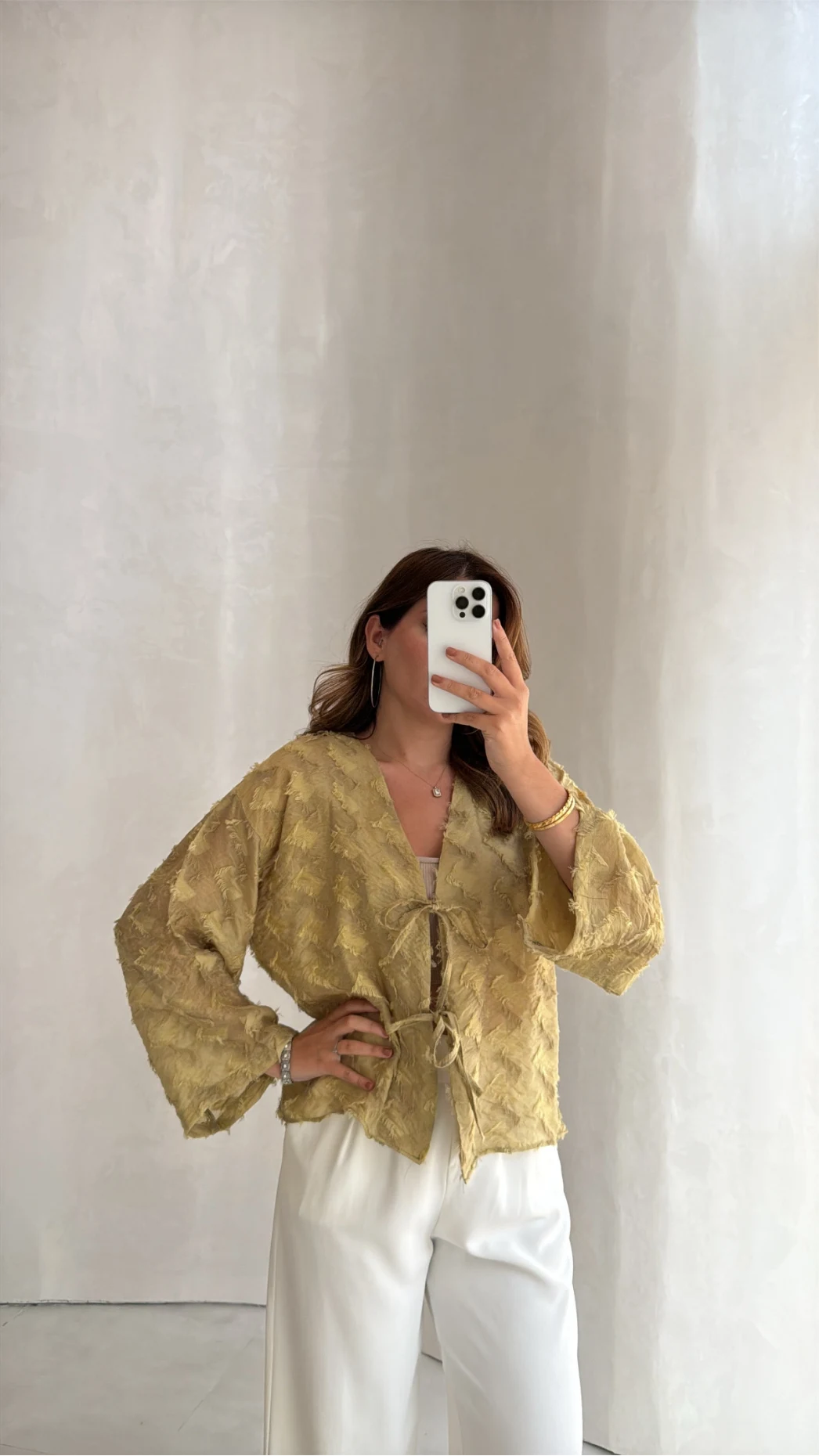 Maria Püskül Şeritli Kimono - Yağ Yeşili - Kod: 7049