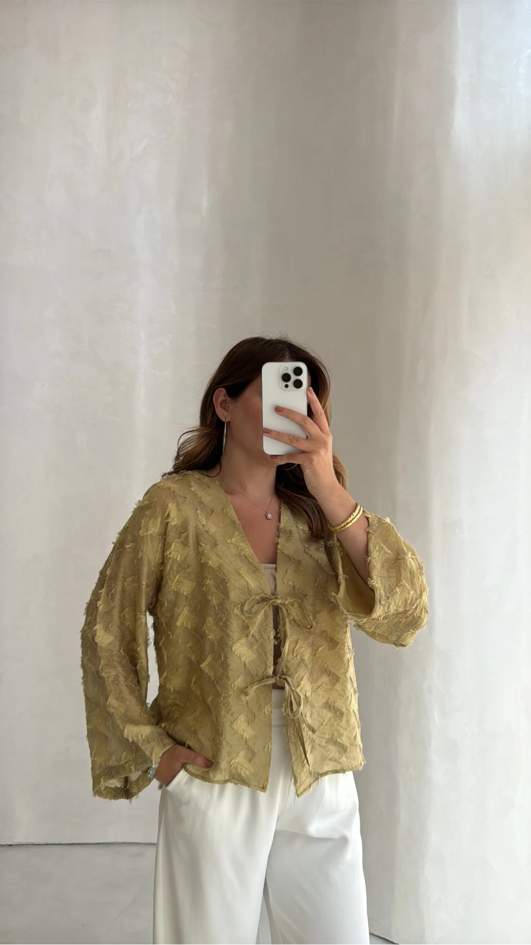 Maria Püskül Şeritli Kimono - Yağ Yeşili - Kod: 7049