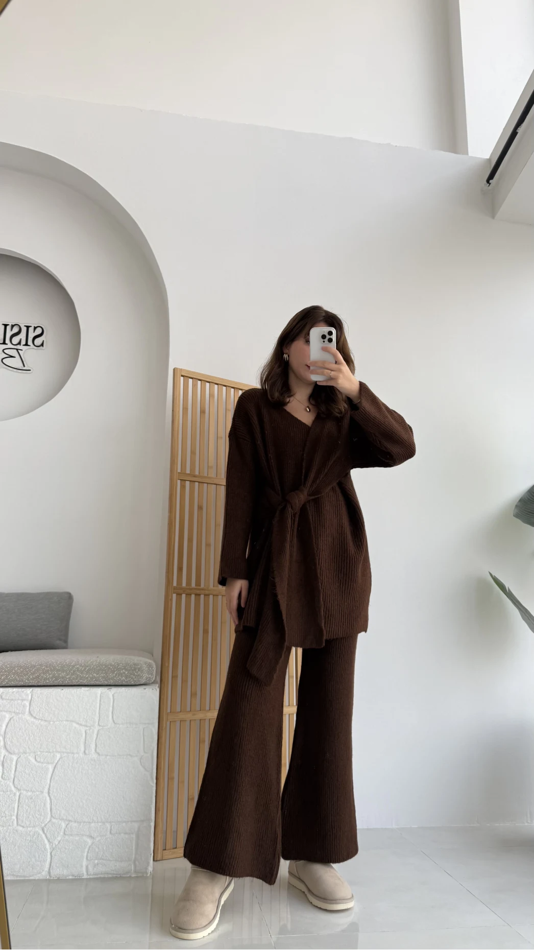 Maria Yandan Bağlamalı Triko Takım Acı Kahve Kod: 25814