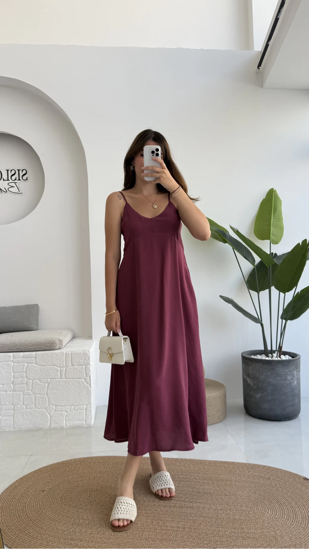 Marien Askılı Modal Elbise - Bordo - Kod: 6020