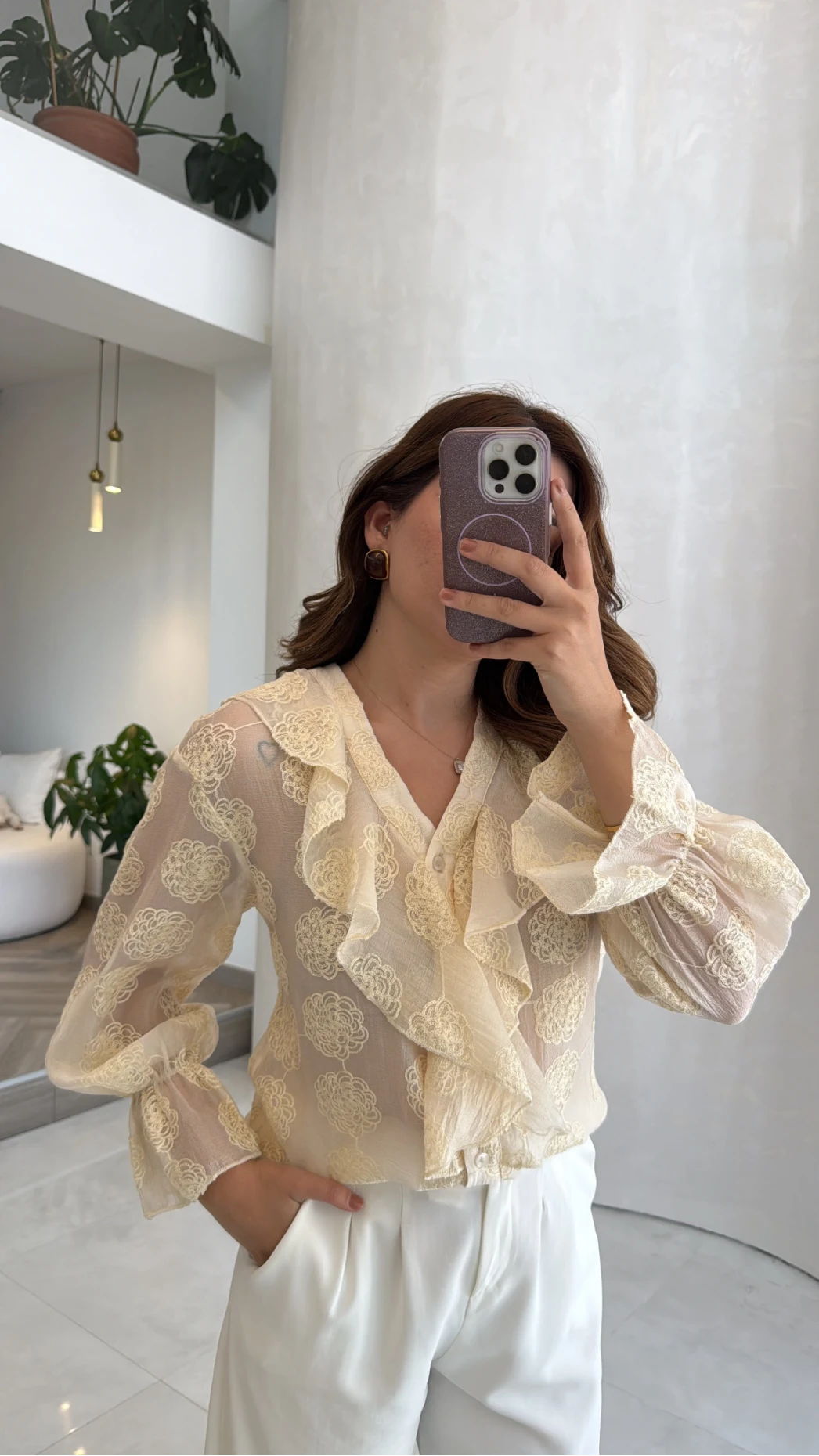 Mariposa Desenli Fırfırlı Gömlek - Bej - Kod: 2304
