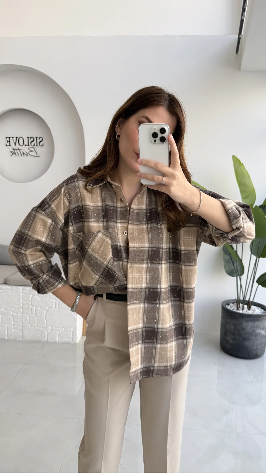 Marley Taşlı Ekose Gömlek - Bej - Kod: 2166