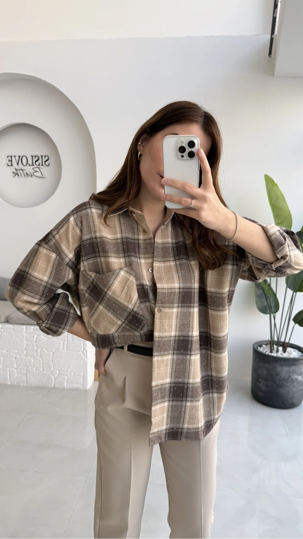 Marley Taşlı Ekose Gömlek - Bej - Kod: 2166