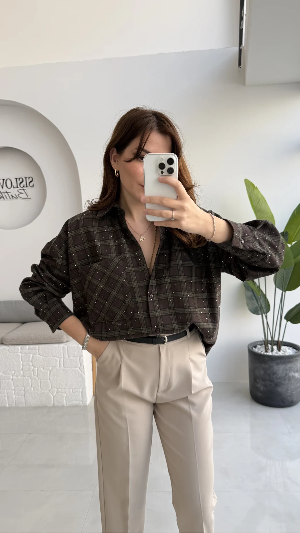 Marley Taşlı Ekose Gömlek - Kahverengi - Kod: 2166