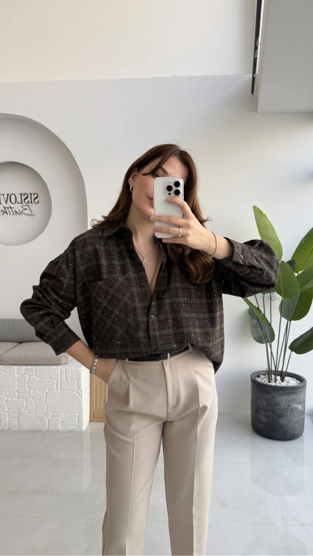 Marley Taşlı Ekose Gömlek - Kahverengi - Kod: 2166