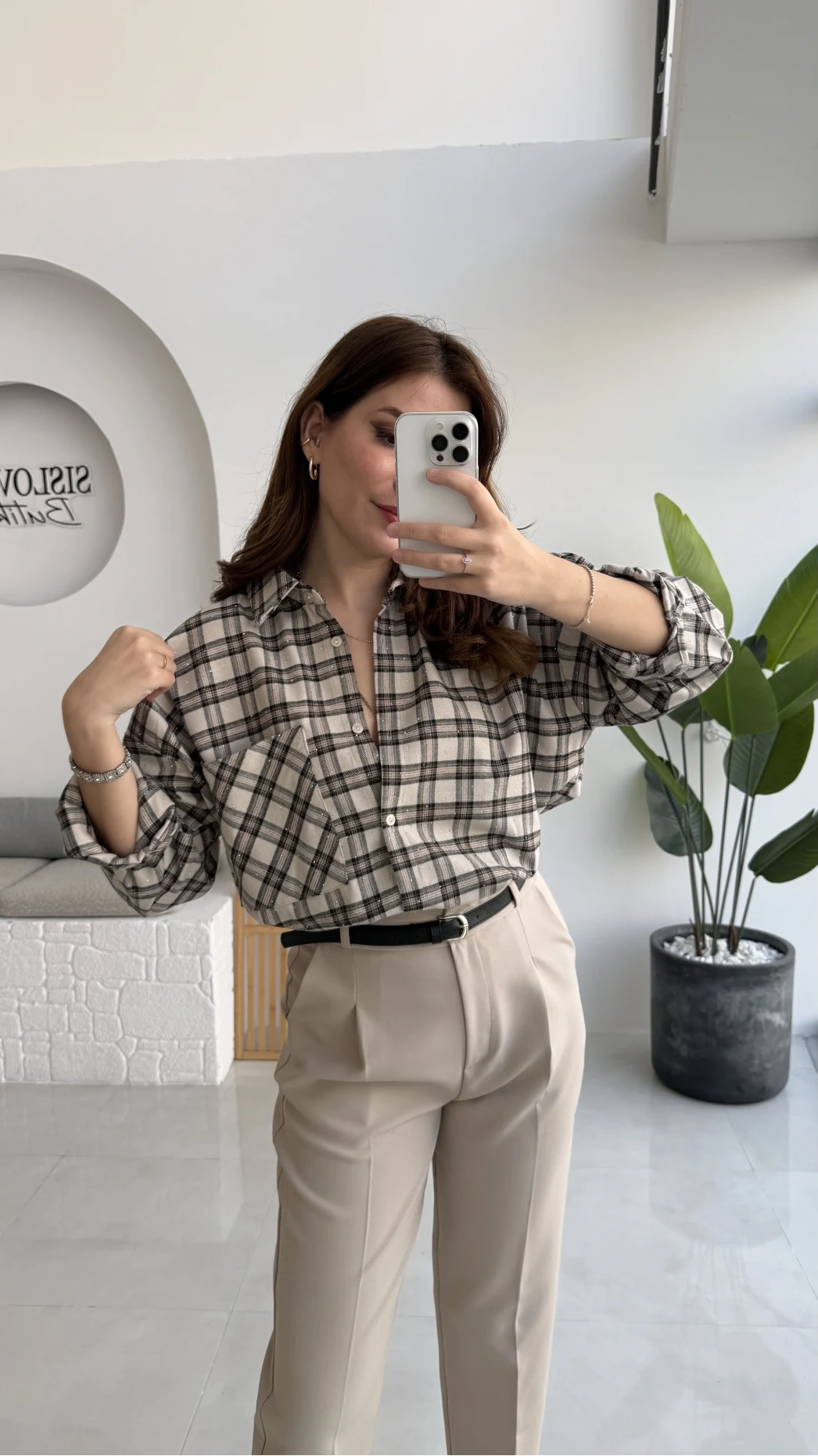 Marley Taşlı Ekose Gömlek - Taş - Kod: 2166