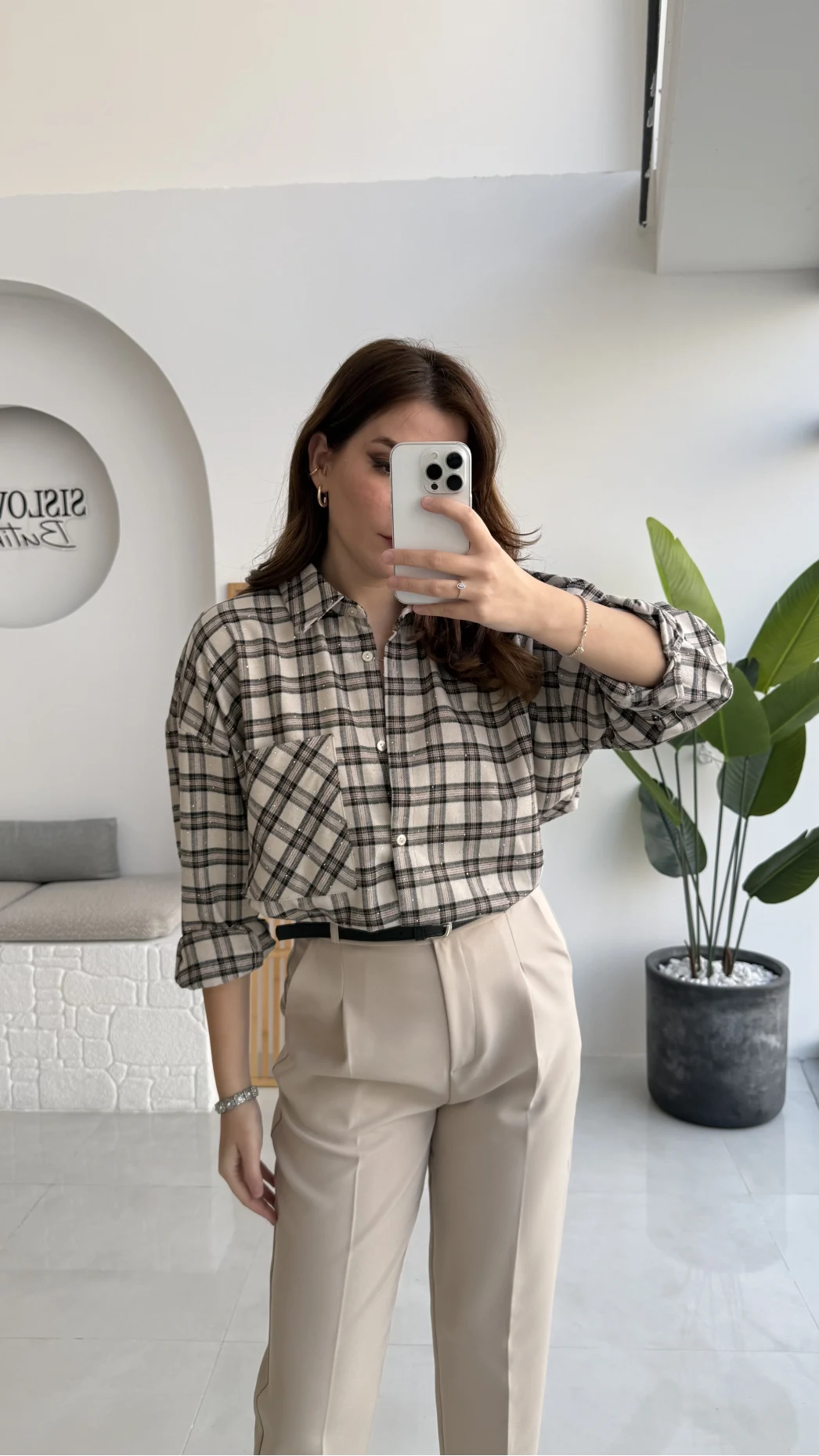 Marley Taşlı Ekose Gömlek - Taş - Kod: 2166