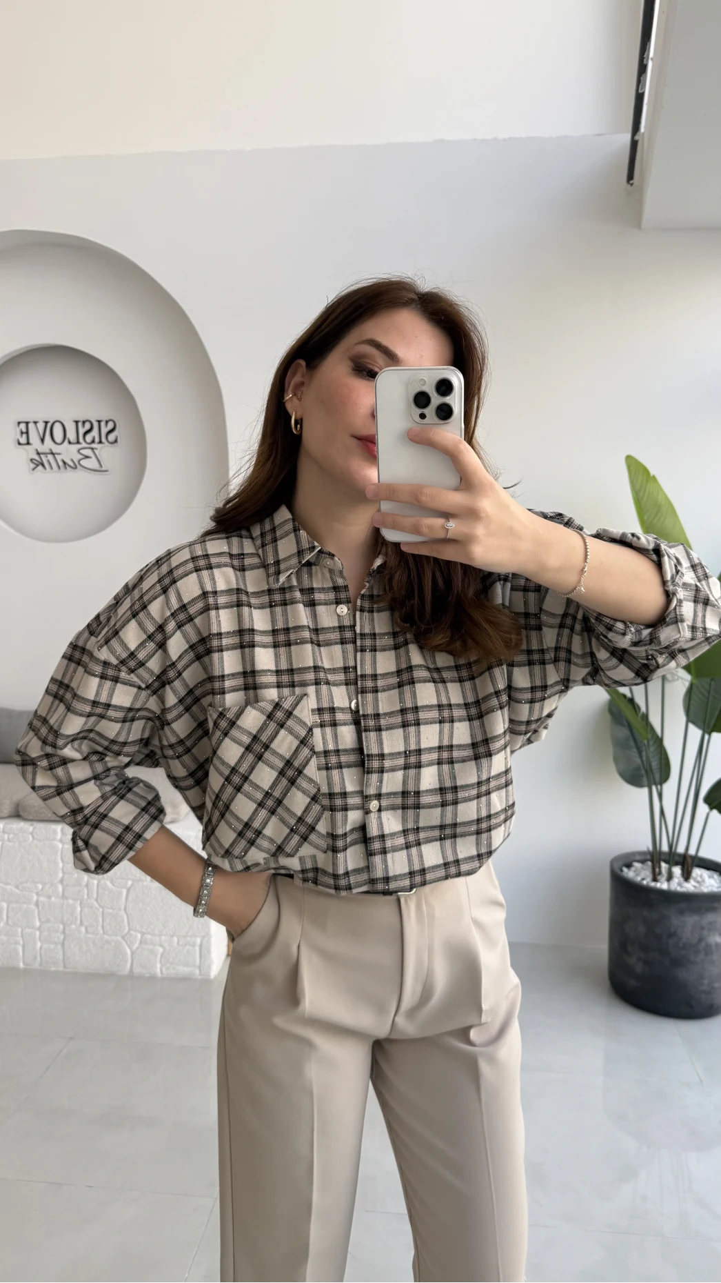 Marley Taşlı Ekose Gömlek - Taş - Kod: 2166