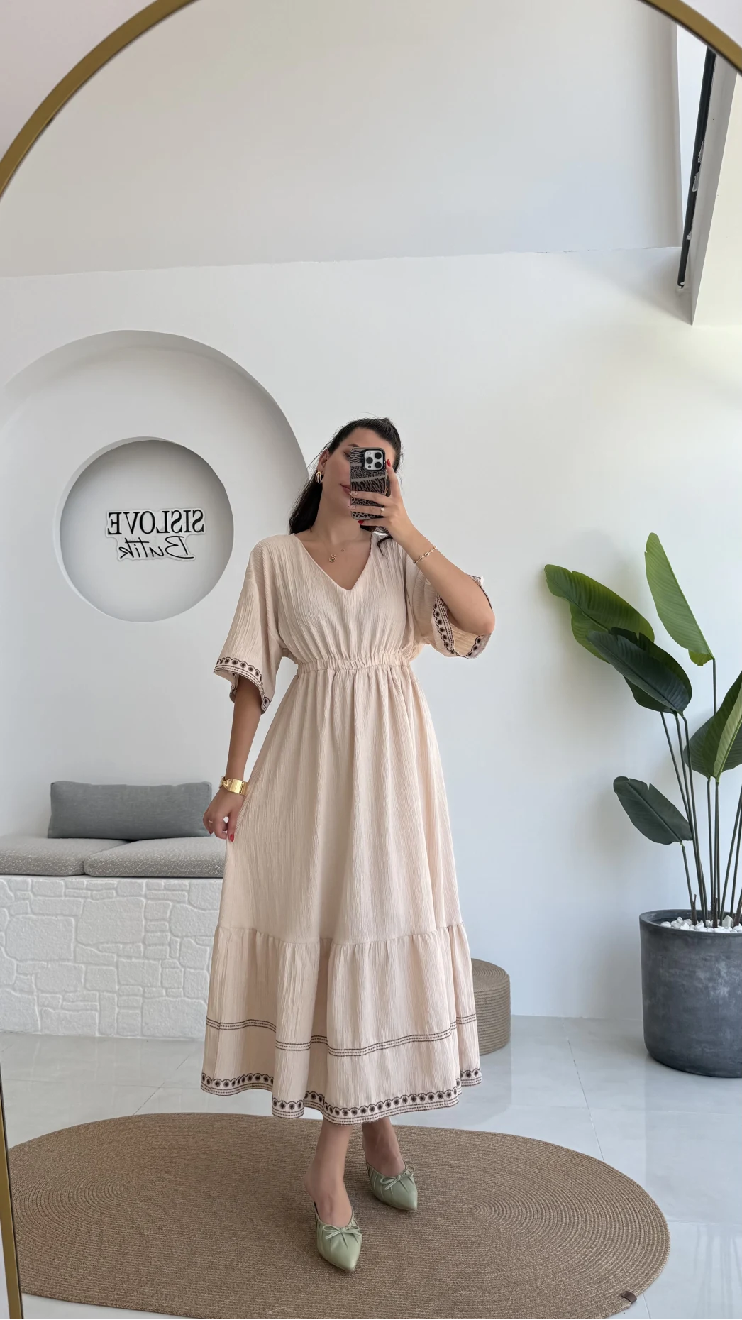 Mars Krem Nakışlı Elbise - 3065