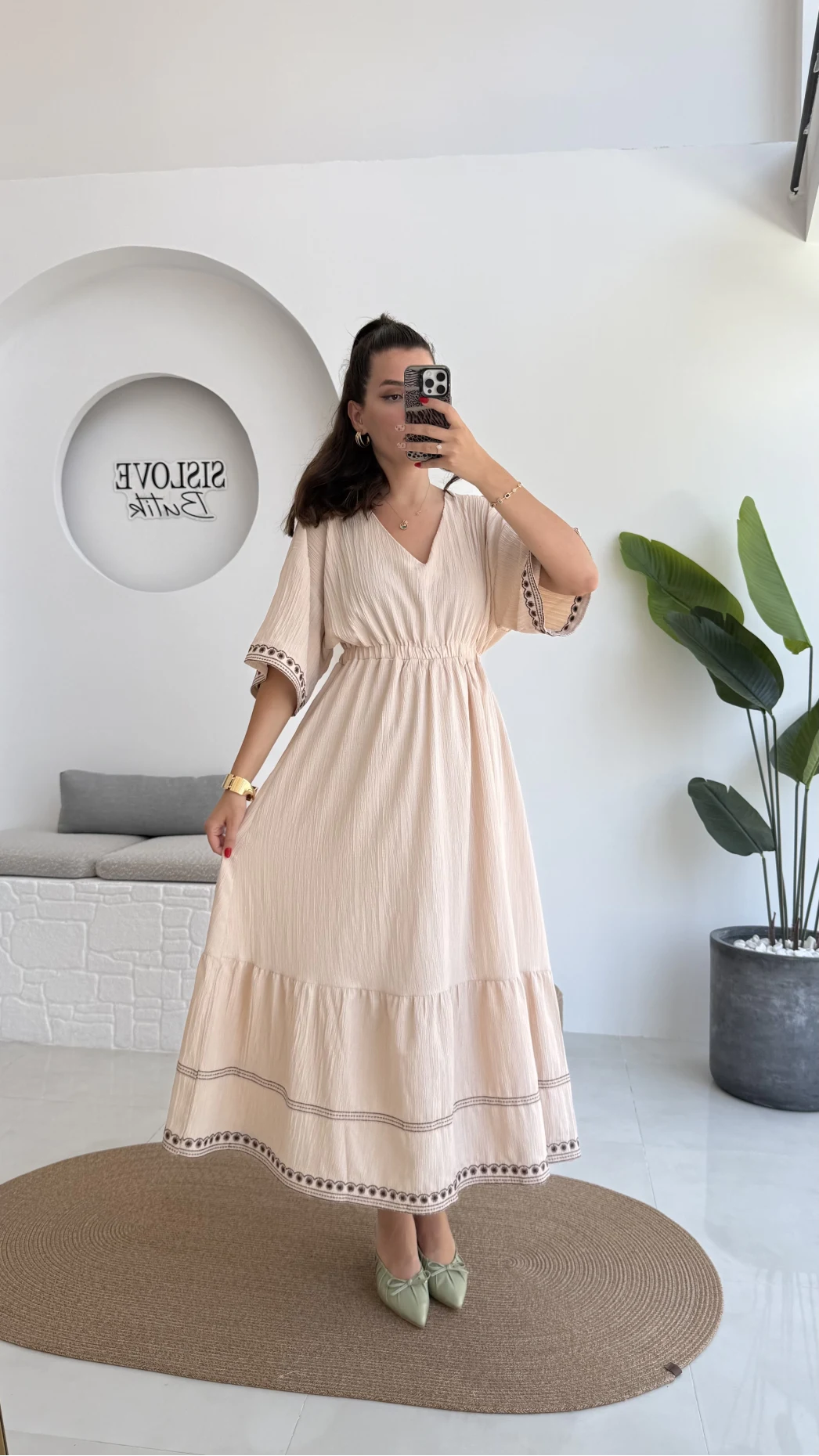 Mars Krem Nakışlı Elbise - 3065