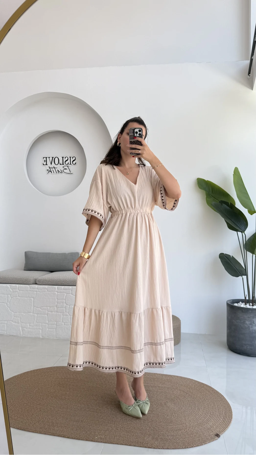 Mars Krem Nakışlı Elbise - 3065