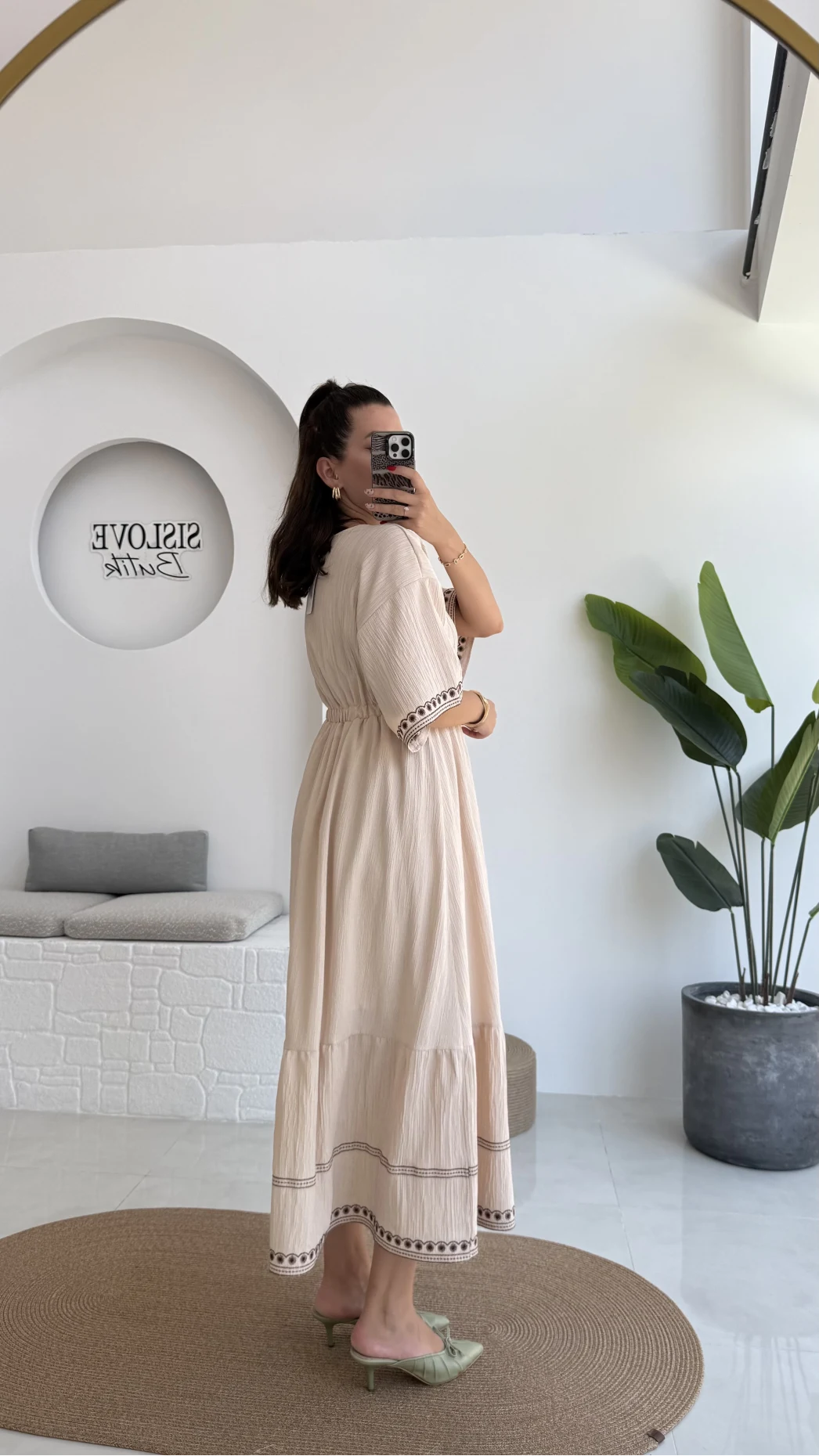 Mars Krem Nakışlı Elbise - 3065