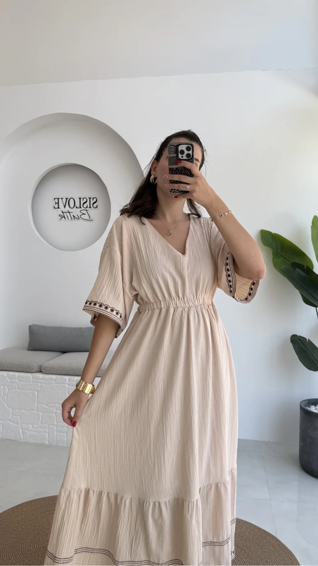 Mars Krem Nakışlı Elbise - 3065