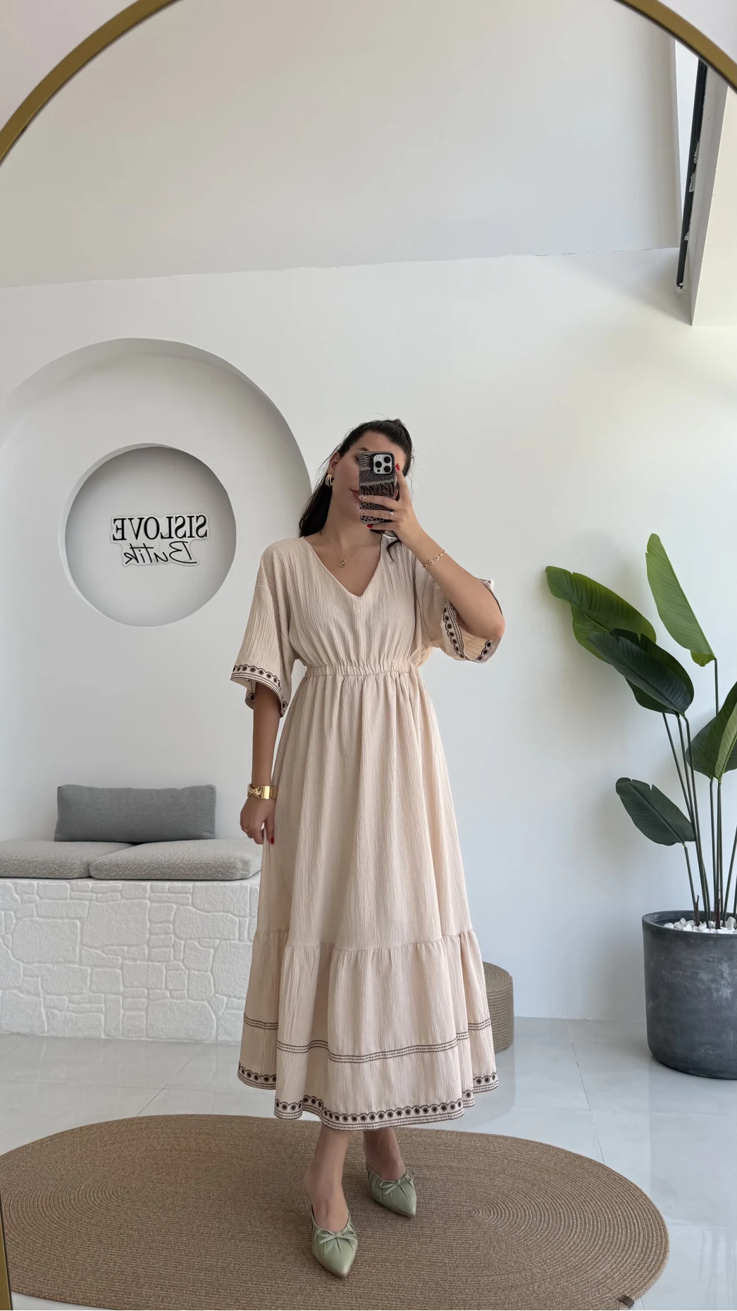 Mars Krem Nakışlı Elbise - 3065