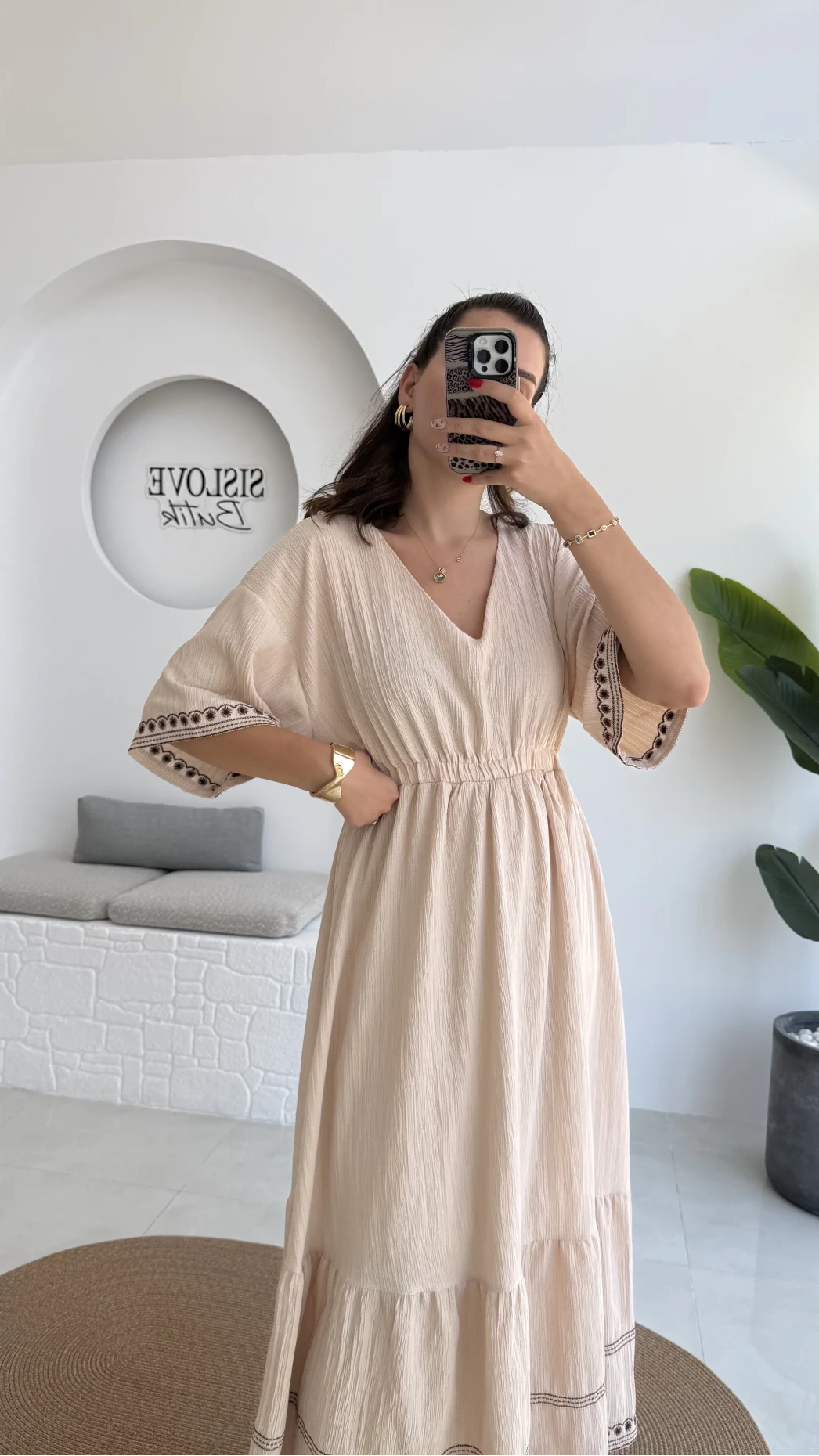 Mars Krem Nakışlı Elbise - 3065