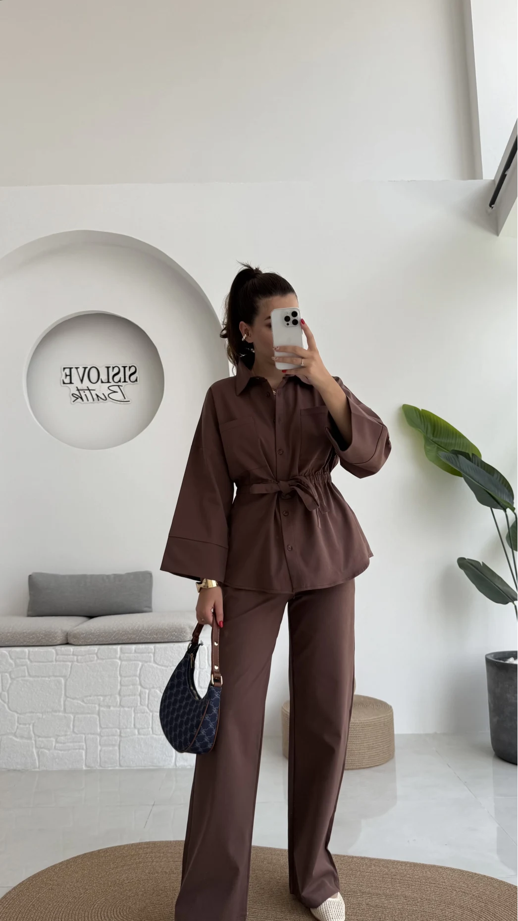 Masha Beli Bağlamalı Gömlek Pantolon Takım - Kahve - 7206