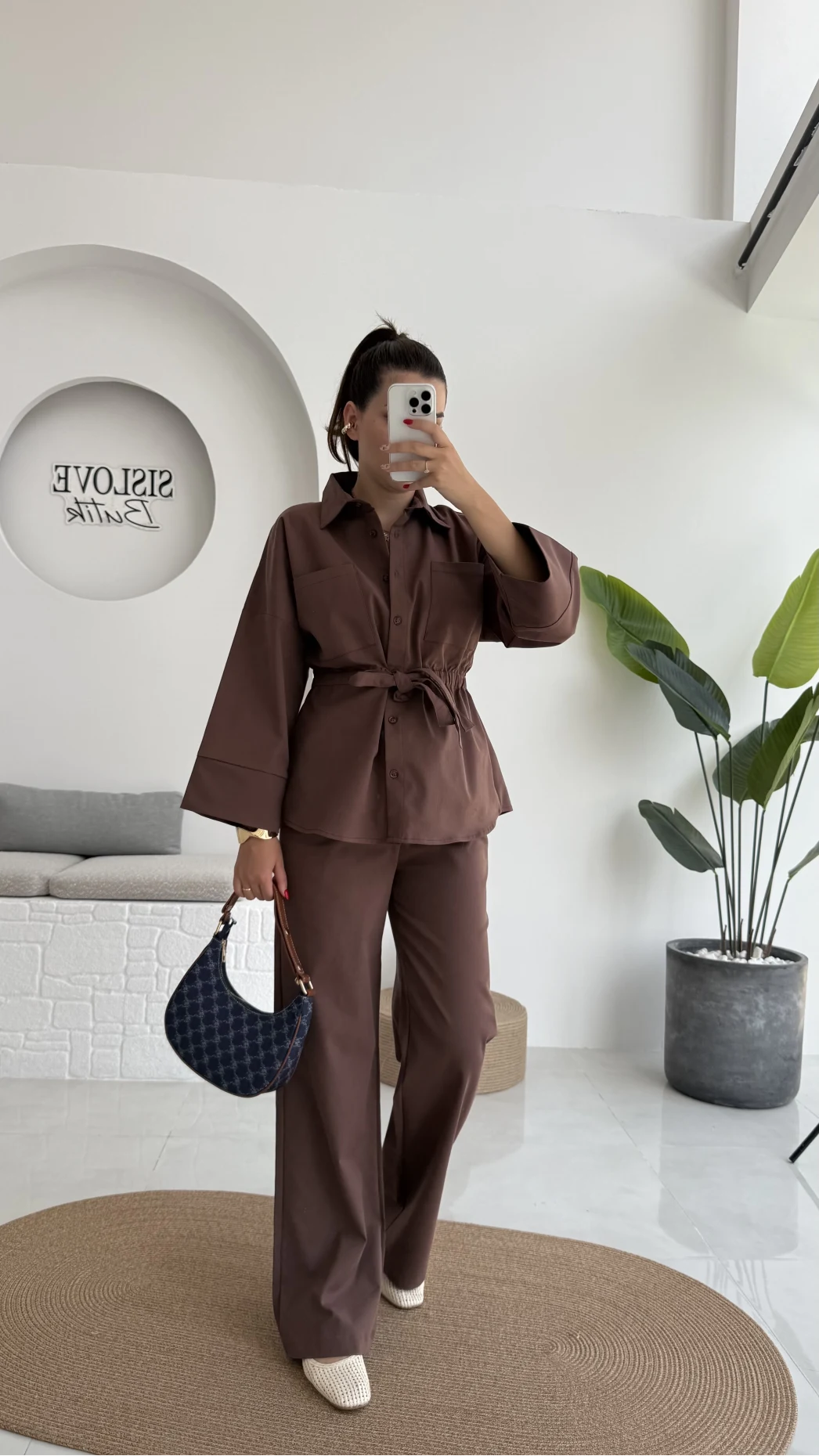 Masha Beli Bağlamalı Gömlek Pantolon Takım - Kahve - 7206