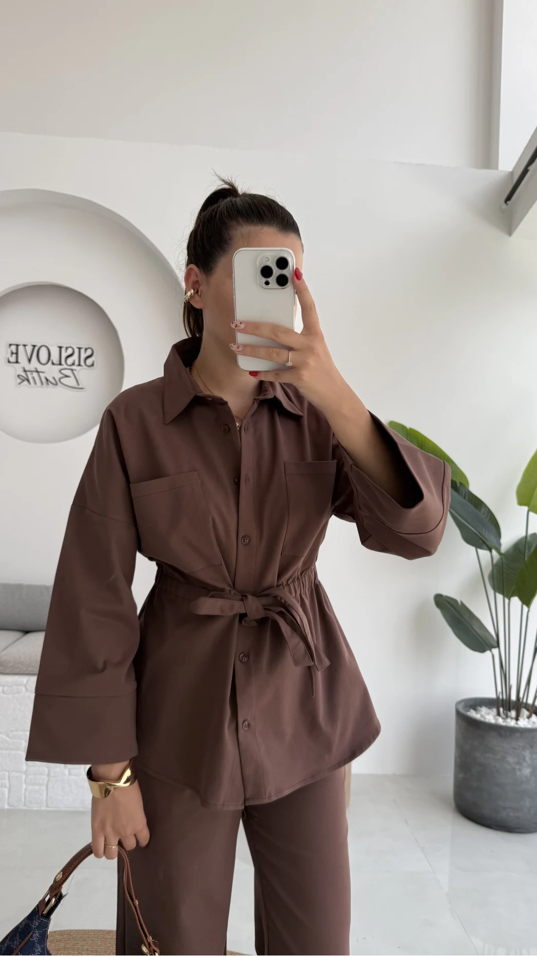 Masha Beli Bağlamalı Gömlek Pantolon Takım - Kahve - 7206