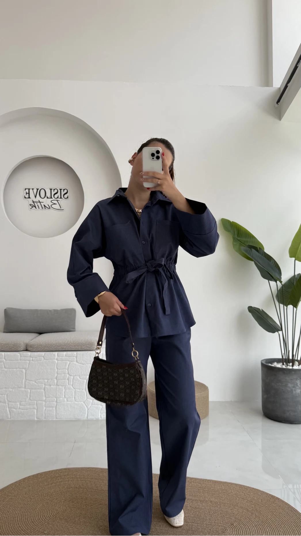 Masha Beli Bağlamalı Gömlek Pantolon Takım - Lacivert - 7206