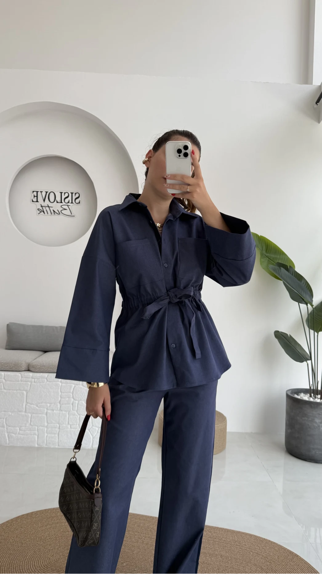 Masha Beli Bağlamalı Gömlek Pantolon Takım - Lacivert - 7206