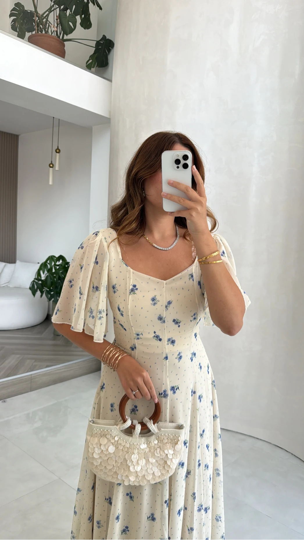 Mavelle Kare Yaka Volan Kol Çiçekli Elbise - Mavi - Kod: 4142
