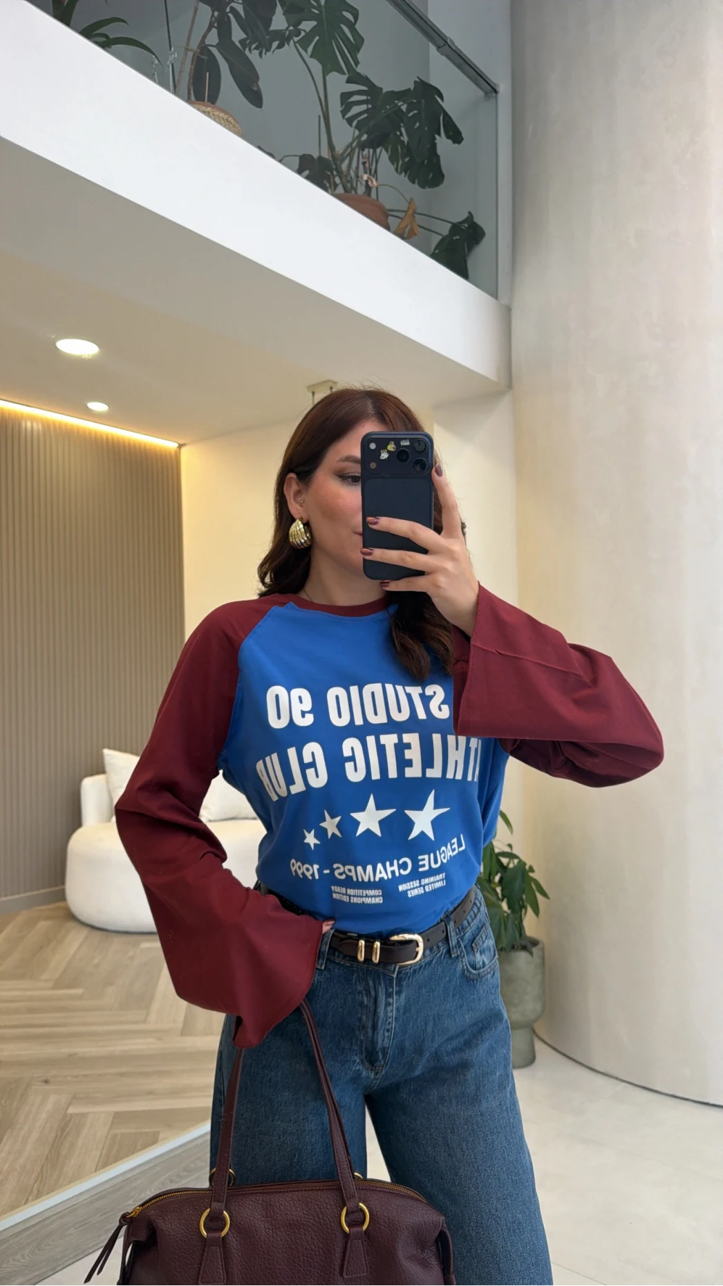 Mavi Bordo Renk Geçişli Baskılı Sweatshirt