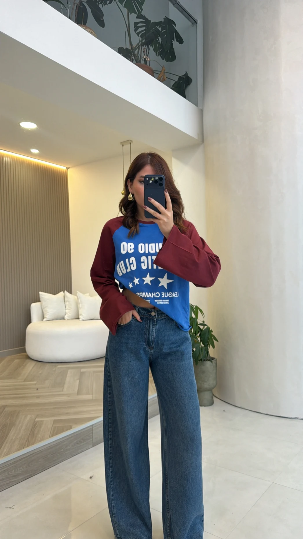 Mavi Bordo Renk Geçişli Baskılı Sweatshirt