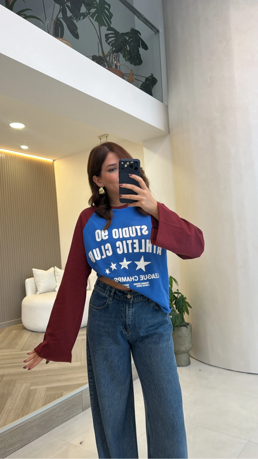 Mavi Bordo Renk Geçişli Baskılı Sweatshirt